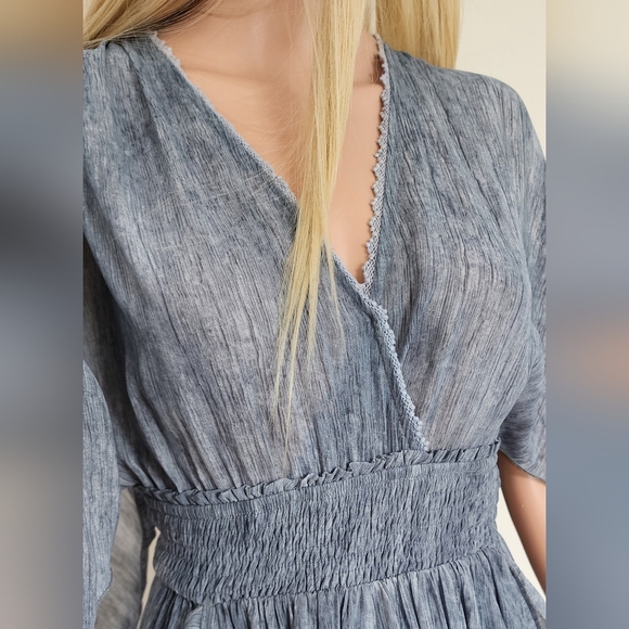 BLUE DRESS MOON RIVER RUFFLES V-NECK OPEN SLEEVES CINCHED WAIST MIDI FULL SKIRT - Picture 13 of 16